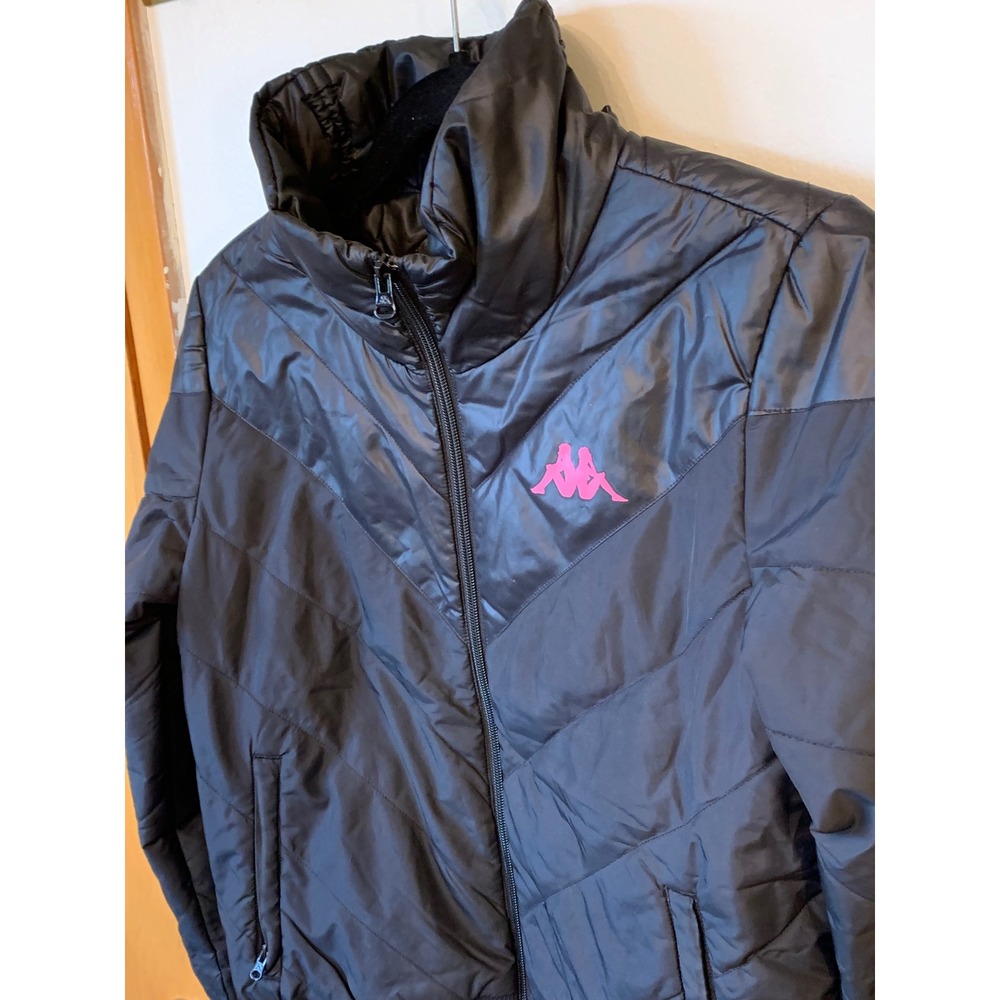 Kappa Womens Black Quilted Puffer Jacket Pink Logo Full Zip Bomber Medium - Picture 2 of 7